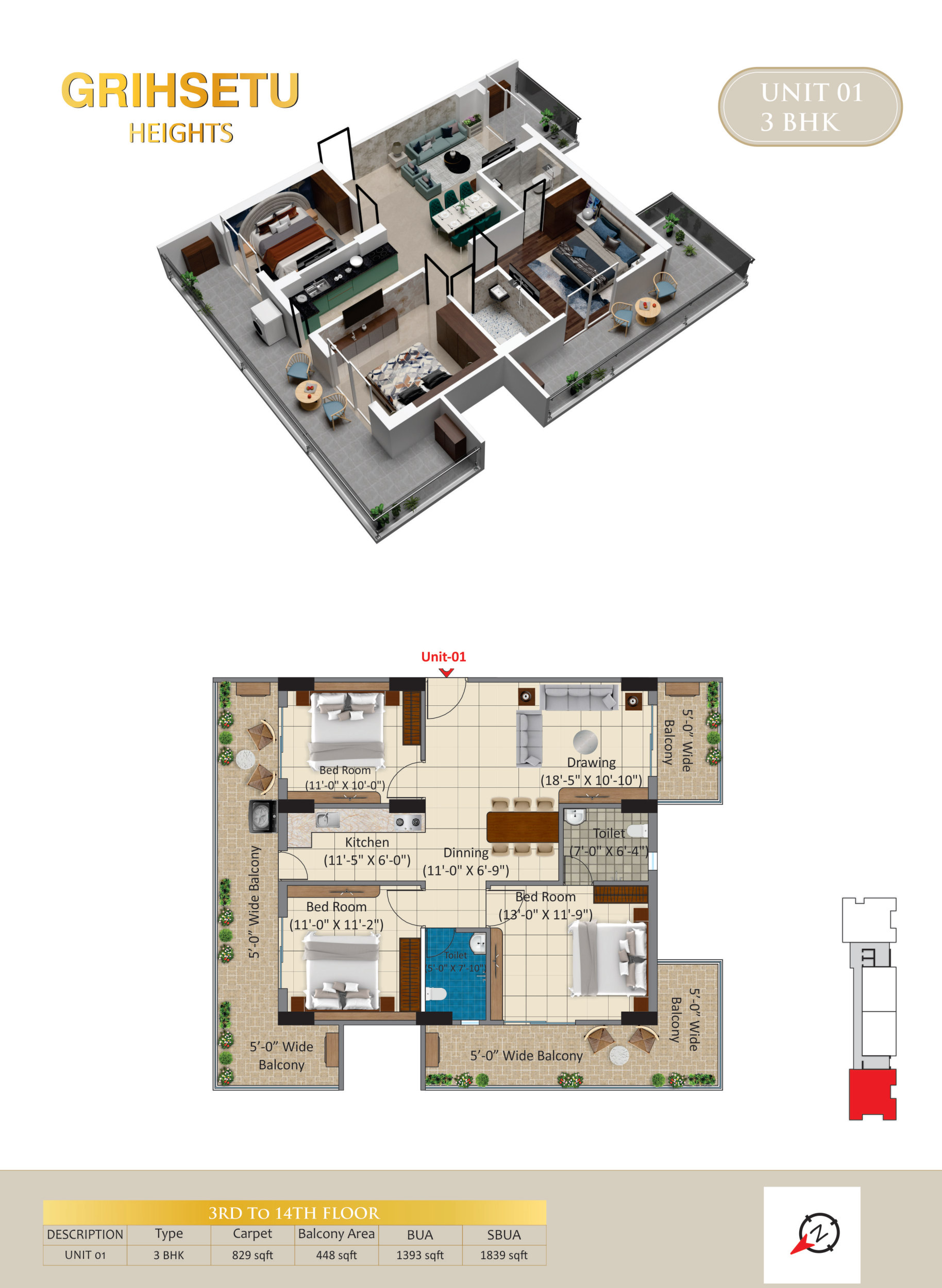 Unit 01 — 3 BHK